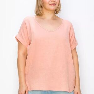 COIN 1804 Women’s Plus Size Cotton Gauze V Neck Rolled Sleeve Papaya 3X